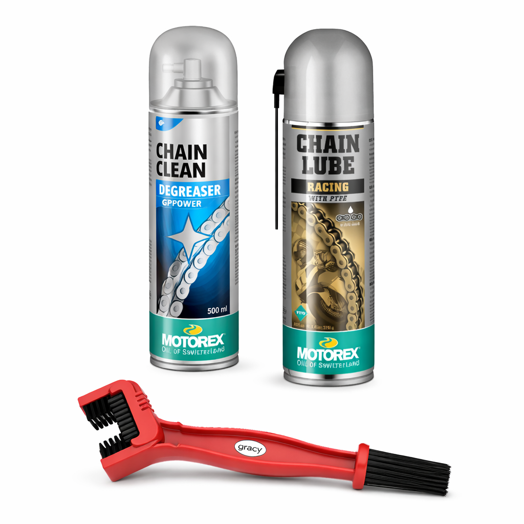 Motorex Chainlube Racing and Clean for motorcycle chains, featuring a spray bottle with chain lubricant and cleaning solution.