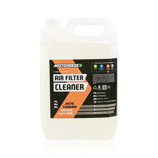 Motoverde 5L Air Filter Cleaner refill bottle with label and nozzle for cleaning motorcycle air filters
