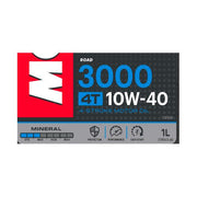 Motorcycle engine oil container, Motul 3000 10W40 4T 1L, with label and cap visible.