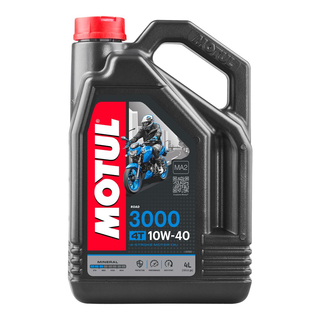 Motorcycle engine oil Motul 3000 10W40 4T in a 4-liter container, suitable for four-stroke engines, shown in the image.