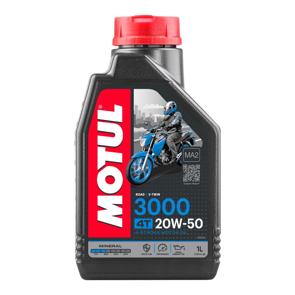 Motor oil bottle labeled Motul 3000 20W50 4T, 1-liter container for motorcycle engine lubrication.