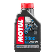 Motor oil bottle labeled Motul 3000 20W50 4T, 1-liter container for motorcycle engine lubrication.