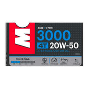 Motor oil bottle labeled Motul 3000 20W50 4T 1L, with a white and orange label, designed for four-stroke motorcycle engines.