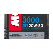 Motor oil bottle labeled Motul 3000 20W50 4T 4L, featuring the product branding and specifications on the label.