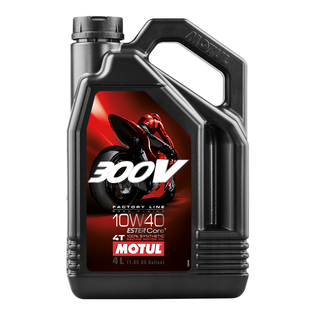Motul 300V 10W40 FactoryLine Road Racing motor oil container, 4-liter size, designed for high-performance motorcycle engines.