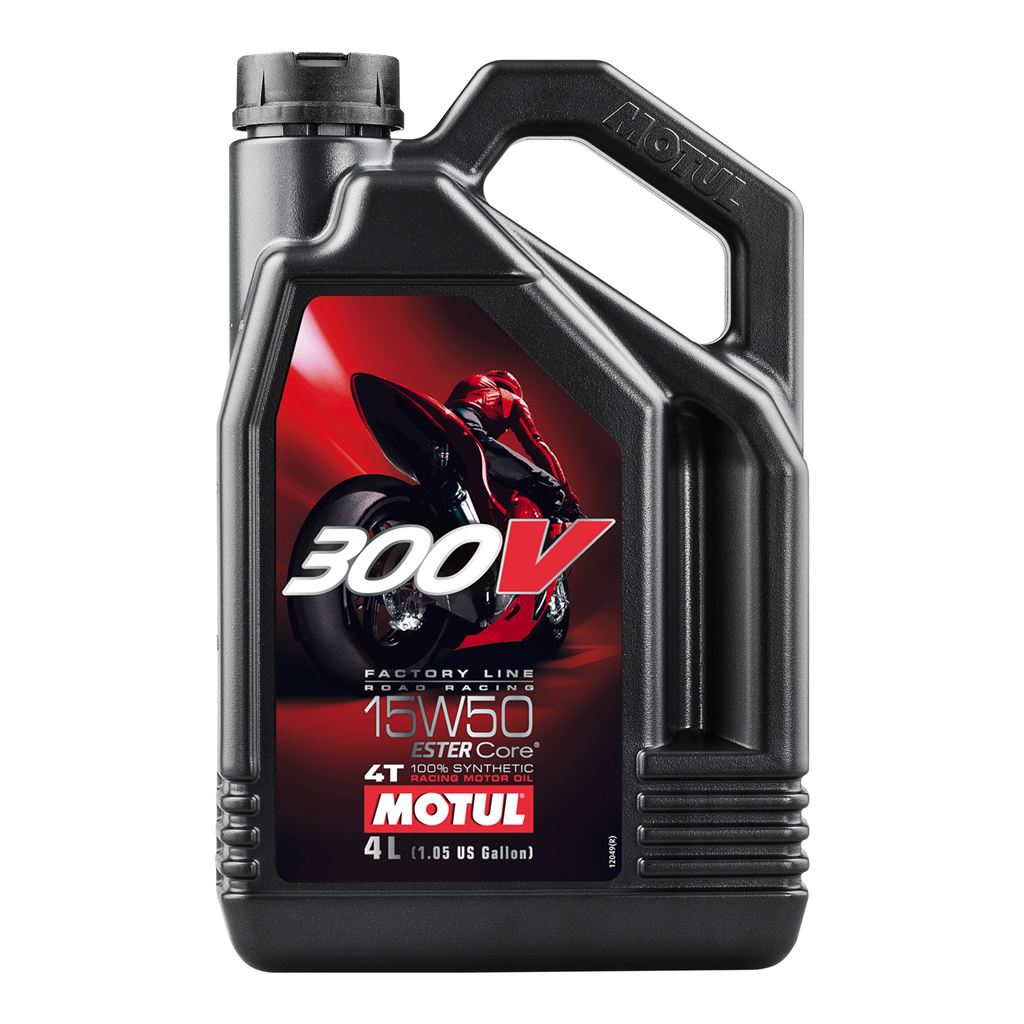 Motor oil bottle labeled Motul 300V 15W50 Factoryline Road Racing 4L, high-performance synthetic engine lubricant.