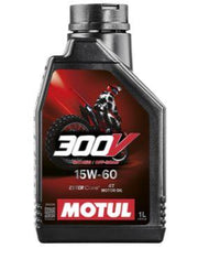 Motul 300V 15W60 Off Road motor oil bottle, 1-liter container with label showing product details and branding.