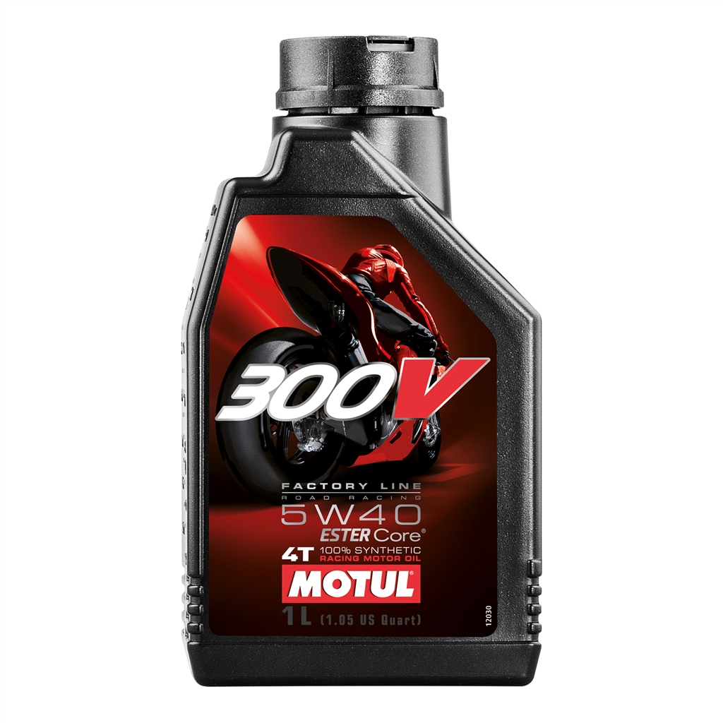 Motor oil bottle featuring MOTUL 300V 5W40 FactoryLine Road Racing 1L, with label and branding visible.