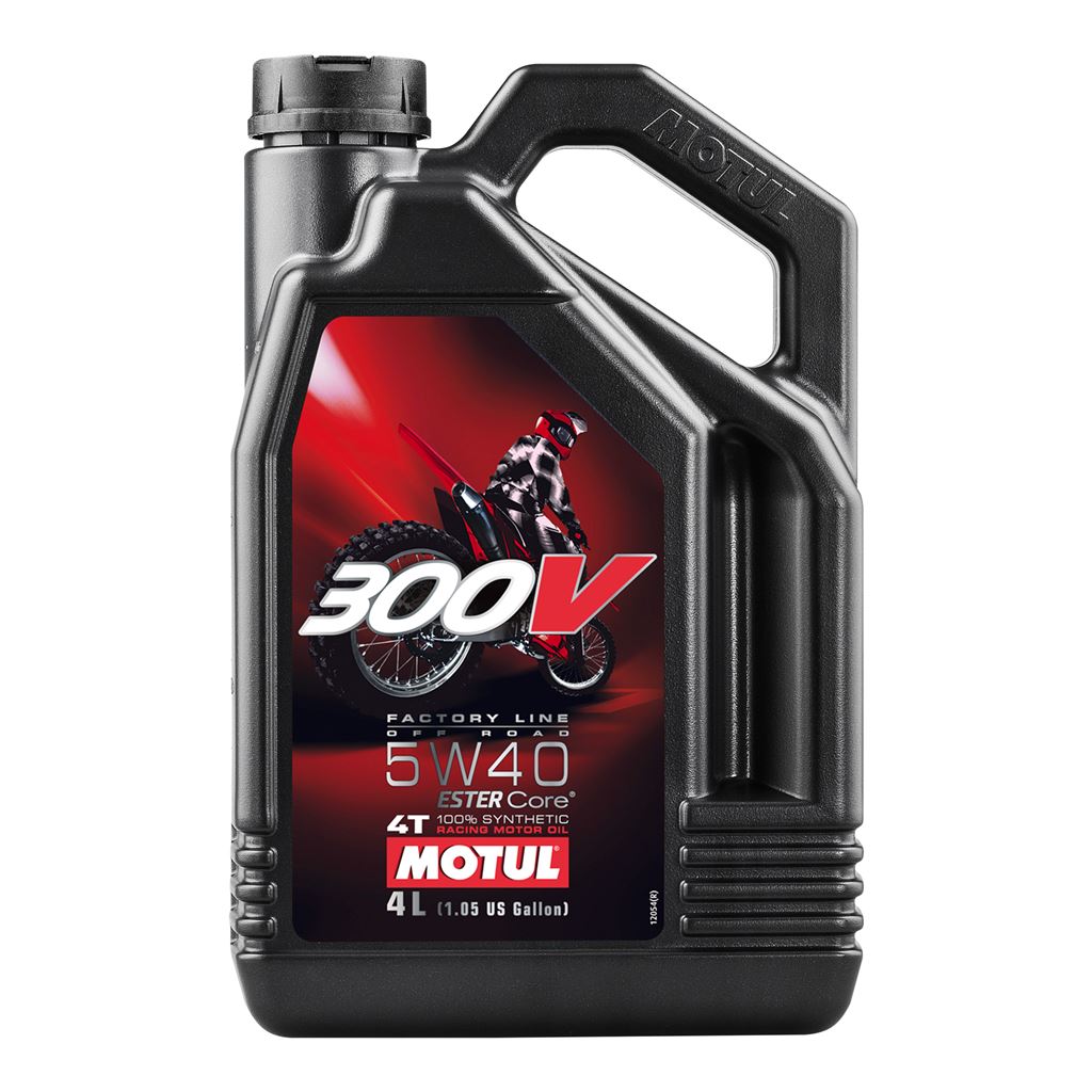 Motul 300V 5W40 off-road motor oil in a 4-liter container, designed for high-performance off-road vehicle engines.