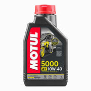 Motor oil bottle labeled MOTUL 5000 10W40 4T Semi-Synthetic 1L, showing product packaging and branding.