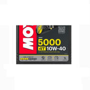 Motorcycle engine oil bottle labeled MOTUL 5000 10W40 4T Semi-Synth 1L, with a clear view of the product label and branding.