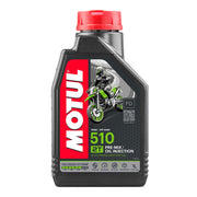 Motul 510 2T 1L engine oil bottle with label, designed for two-stroke motorcycle engines, in a clear plastic container.