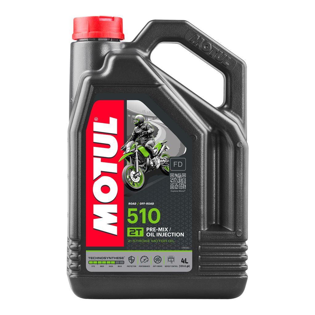Motor oil bottle labeled MOTUL 510 2T 4L, synthetic two-stroke engine oil container with product branding.
