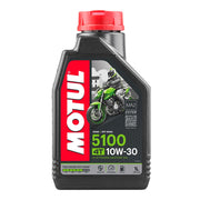 Motorcycle engine oil bottle labeled Motul 5100 10W30 4T, 1-liter size, with product details and branding on the label.