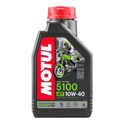 Motor oil bottle labeled MOTUL 5100 10W40 4T 1L, featuring the Motul brand logo and product details on the label.