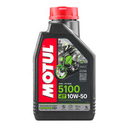 Motor oil bottle labeled Motul 5100 10W50 4T 1L, with a black cap and product details on the front label.