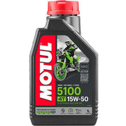 Motorcycle engine oil Motul 5100 15W50 4T 1L bottle, featuring the label and branding on the container.