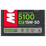 Motul 5100 15W50 4T motorcycle engine oil in a 1-liter container, ready for vehicle lubrication and engine protection.