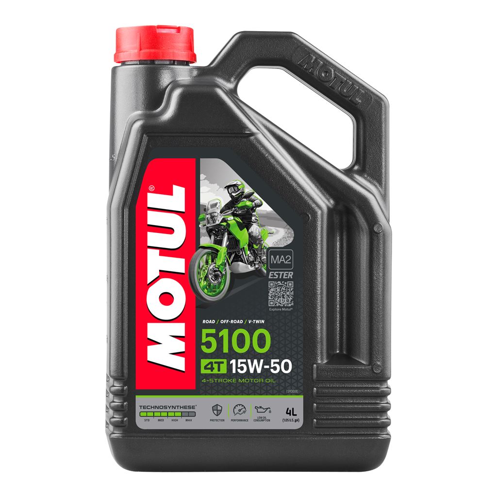 Motorcycle engine oil Motul 5100 15W50 4T in a 4-liter container, designed for optimal 4-stroke engine performance.