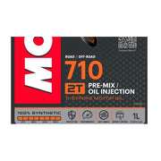 Motor oil bottle labeled MOTUL 710 2T 1L, featuring a sleek container with a red and white design for two-stroke engine lubrication.