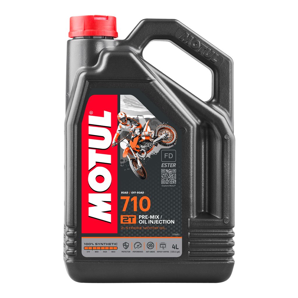 Motor oil container labeled Motul 710 2T 4L, 2-stroke engine oil for motorcycles and small engines.
