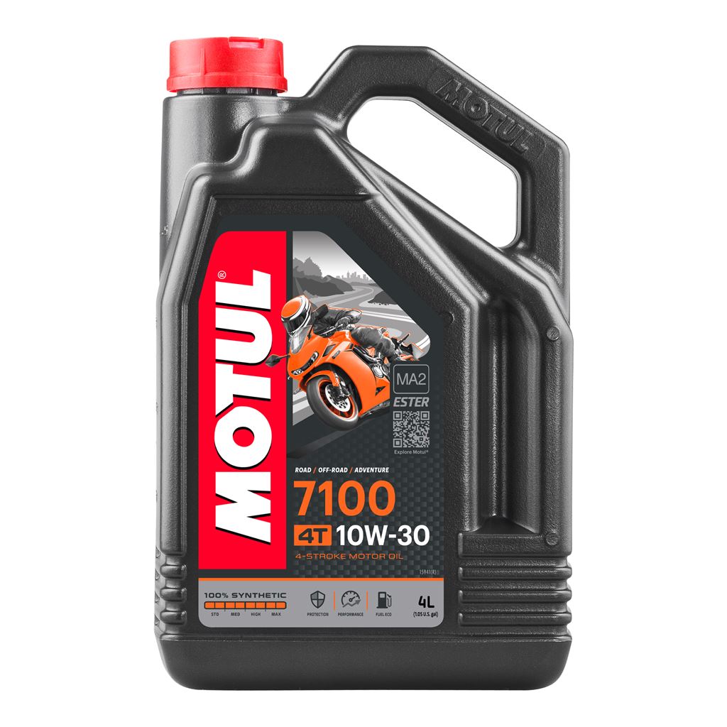 Motorcycle engine oil Motul 7100 10W30 4T in a 4-liter container, suitable for 4-stroke engines.