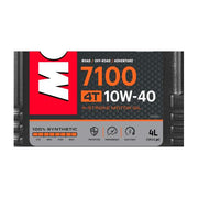 Motorcycle engine oil bottle labeled MOTUL 7100 10W40 4T 4L, with orange and black packaging and product details visible.