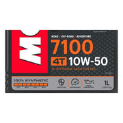 Motorcycle engine oil bottle labeled MOTUL 7100 10W50 4T, 1-liter size, with product branding and specifications.