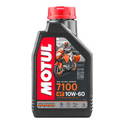Motorcycle engine oil bottle labeled MOTUL 7100 10W60 4T, 1-liter container with a blue and white label.