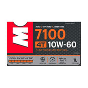 Motor oil bottle labeled Motul 7100 10W60 4T 1L, with clear branding and product details on the container.