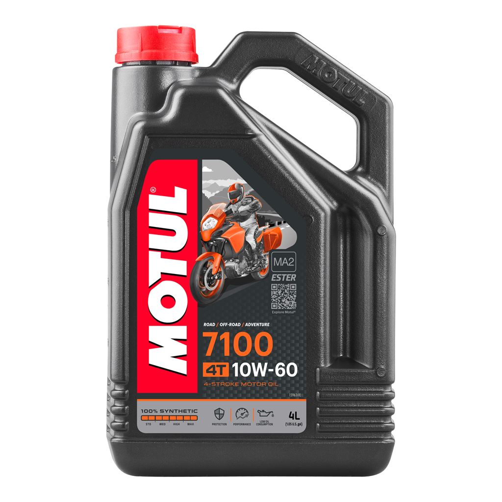 Motorcycle engine oil Motul 7100 10W60 4T in a 4-liter container, ideal for high-performance 4-stroke engines.