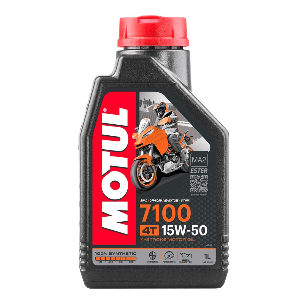 Motorcycle engine oil bottle labeled Motul 7100 15W50 4T, 1-liter container for motorcycle engine lubrication.
