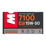Motorcycle engine oil Motul 7100 15W50 4T 1L bottle, clear label with product details and cap visible.