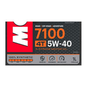 Motor oil bottle labeled Motul 7100 5W40 4T 1L, featuring a clean white and black design with product details on the label.