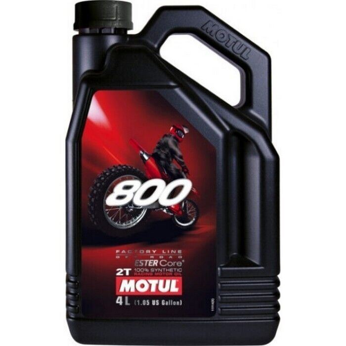Motorcycle engine oil bottle labeled MOTUL 800 2T FactoryLine Off Road Racing 4L, high-performance two-stroke racing oil.