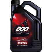 Motorcycle engine oil bottle labeled MOTUL 800 2T FactoryLine Off Road Racing 4L, high-performance two-stroke racing oil.