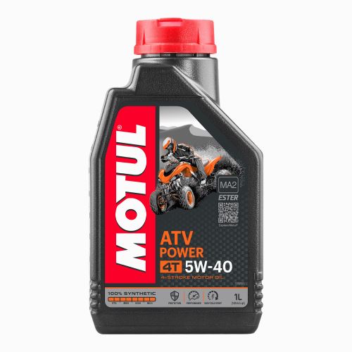 Motul ATV Power 5W40 4T 1-liter motor oil container with blue and white label for all-terrain vehicle engine use