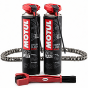 Motul Chain Care Cleaning and Lube Brush Kit for motorcycle chain maintenance, including cleaning brushes and lubricants.