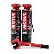 Motul Chain Care cleaning and lube brush kit for motorcycles, includes cleaning tools and lubricants for chain maintenance.
