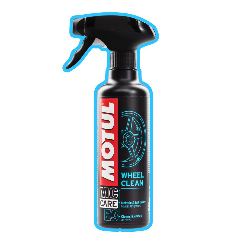 Motul E3 Wheel Clean 400ml bottle with label, designed for cleaning automotive wheels and rims.