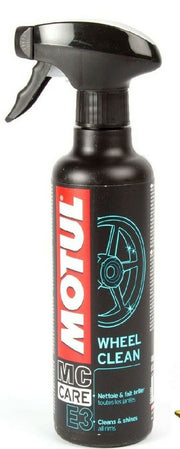 Motul E3 Wheel Clean spray bottle, 400ml, with a bright label and nozzle for easy wheel cleaning and maintenance.
