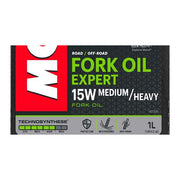 Motul Fork Oil Expert Medium/Heavy 15W 1 Litre container showing the motor oil bottle for motorcycle suspension forks.