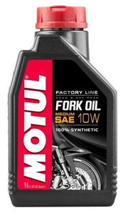 Motul Fork Oil FactoryLine Medium 10W in 1-liter container, designed for motorcycle front suspension forks.