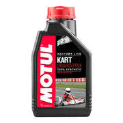 Motorcycle engine oil bottle labeled Motul Kart Grand Prix 2T 1L, designed for 2-stroke kart engines, with a white and red label.