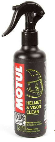 Motul M1 Helmet & Visor Clean 250ml bottle with spray nozzle for cleaning motorcycle helmet visors and helmets.