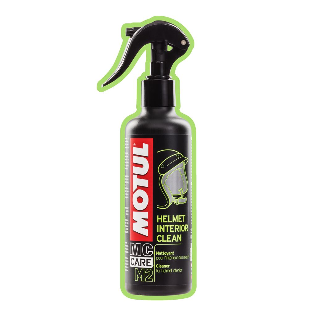 Motul M2 Helmet Interior Clean spray bottle for cleaning and freshening motorcycle helmet interiors.