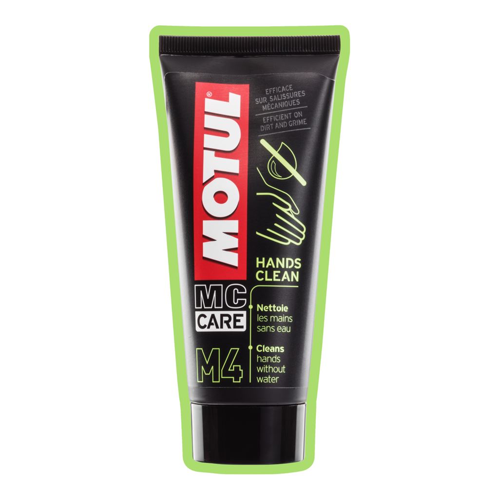 Motul M4 Hands Clean 100ml hand cleaner with orange gel, designed for removing grease and dirt.