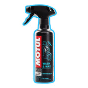 Motul MC Care E1 Wash & Wax motorcycle and scooter cleaner in a 400ml spray bottle, ideal for vehicle cleaning and waxing.