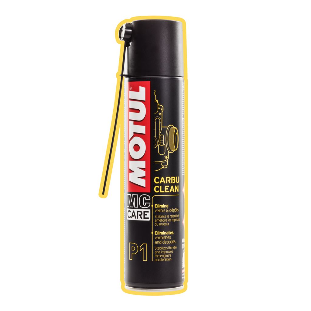 Motul P1 Carbu Clean carburettor motorcycle spray cleaner in 400ml aerosol can, designed for cleaning motorcycle carburettors.