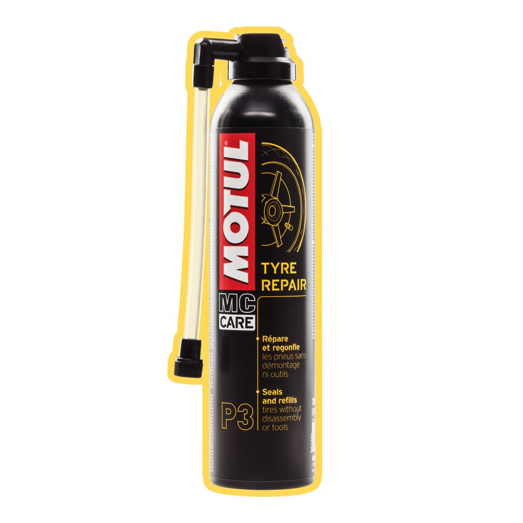 MOTUL P3 Tyre Repair 300ml can with repair sealant for quick bicycle or vehicle tire puncture fixes.